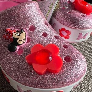 Pink Glitter Disney Crocs Minnie Mouse, Red Flower Lights Up, Little Kids Size 8